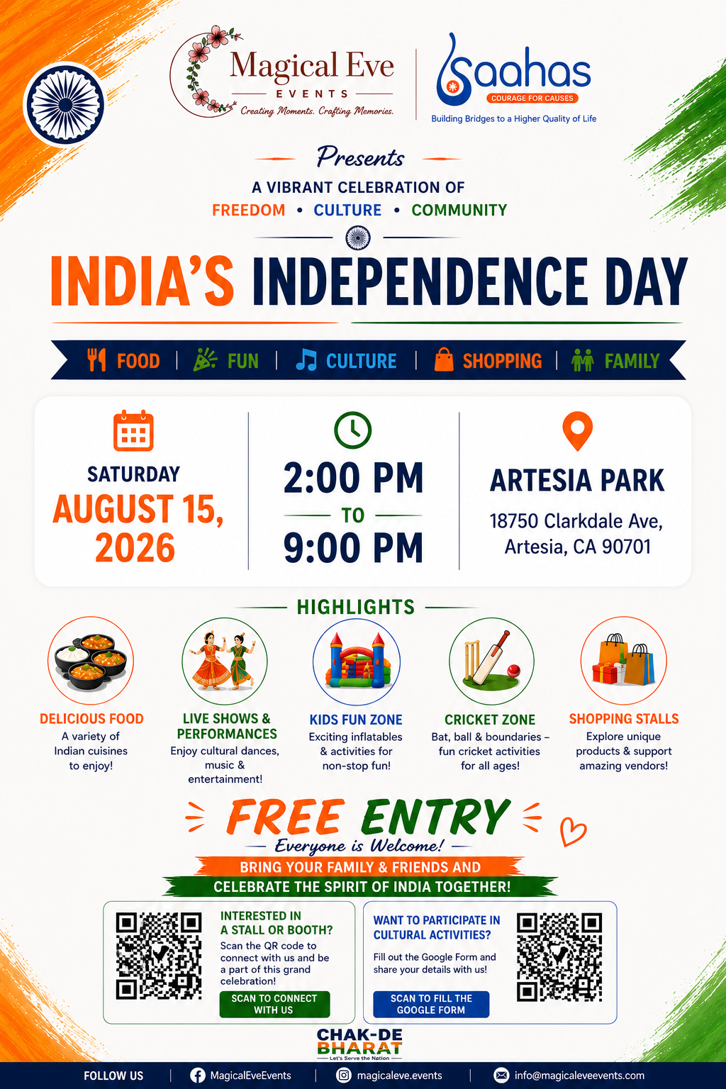 Indian Independence Day Celebration flyer - August 15, 2026 at Artesia Park
